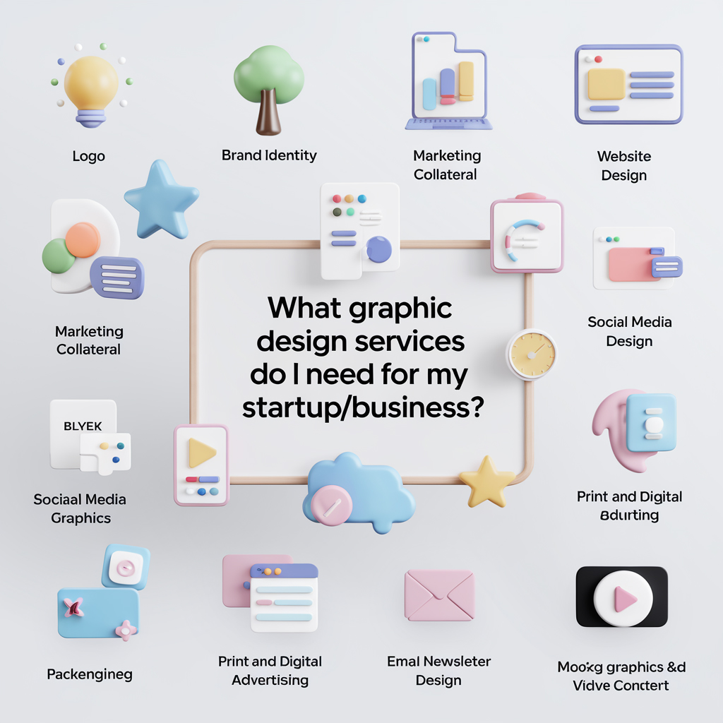 Essential graphic design services for startups including logo design, brand identity, marketing materials, website graphics, social media content, presentation design, packaging, advertising, email design, and motion graphics.