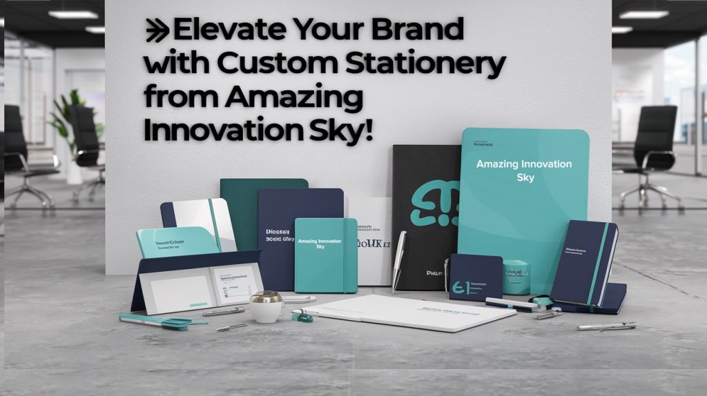 Custom stationery designs by Amazing Innovation Sky, featuring business cards, letterheads, envelopes, and unique branding materials.